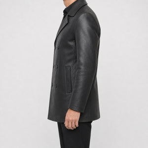 mens black leather peacoat MLJ 6020 2XS