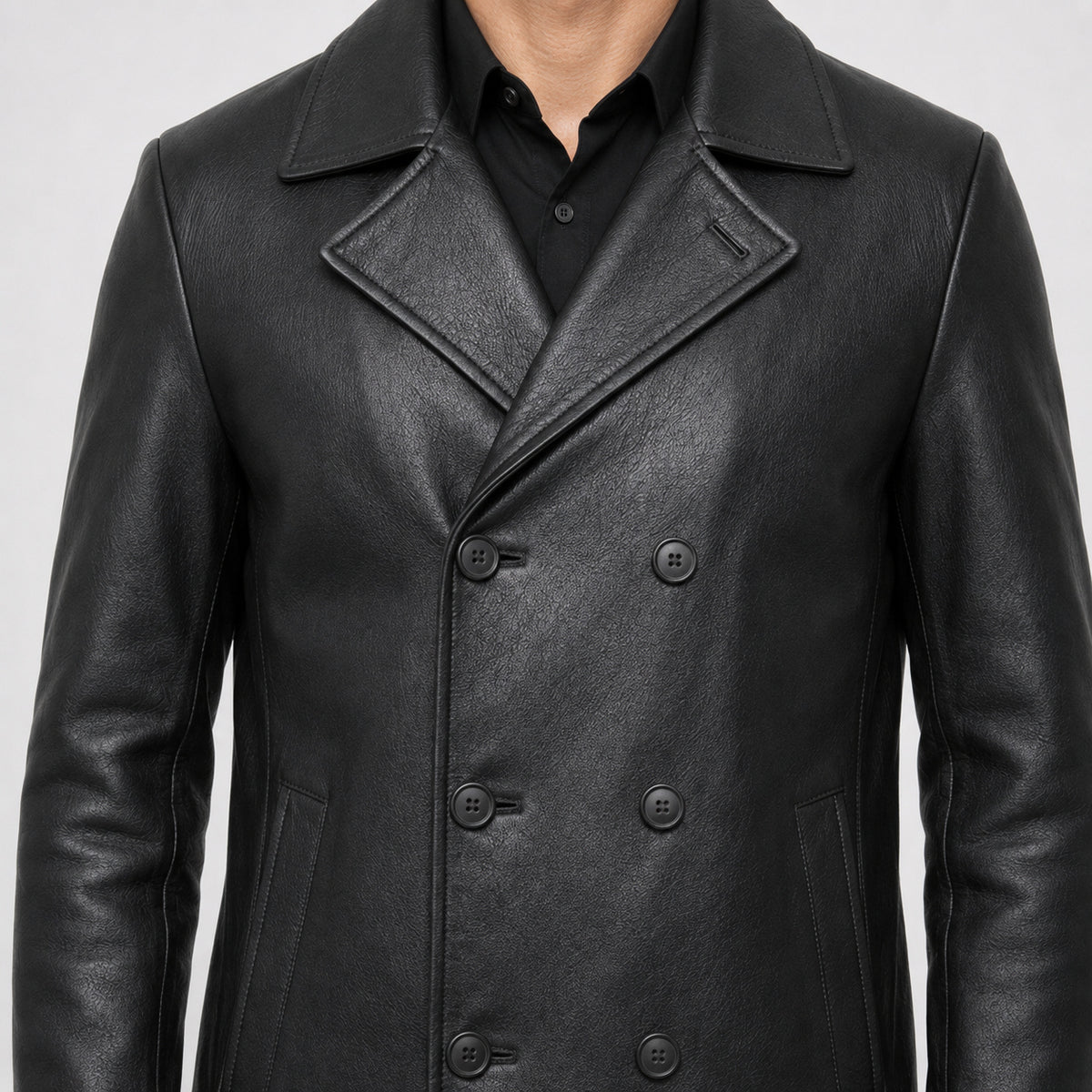 mens black leather peacoat MLJ 6020 2XS