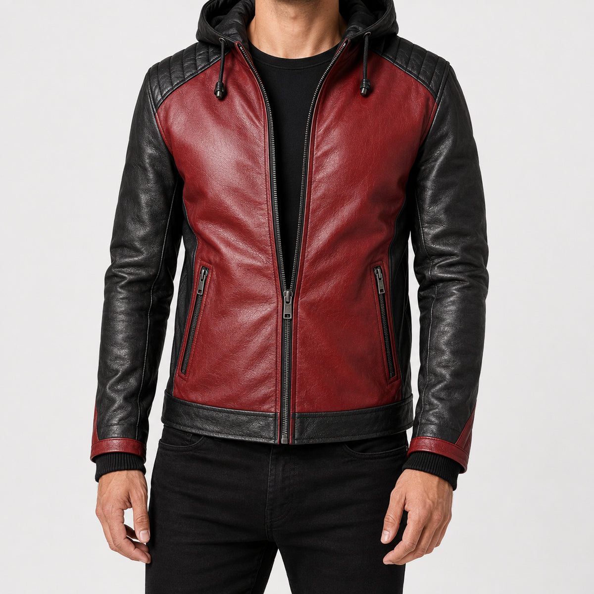 mens red leather hooded jacket