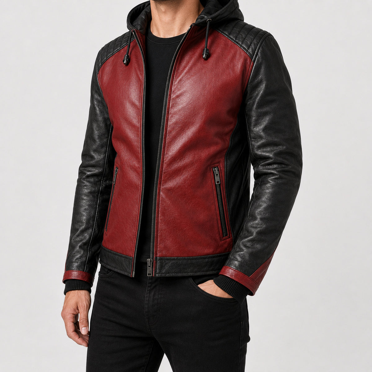 mens red leather hooded jacket MLJ 6022 2XS