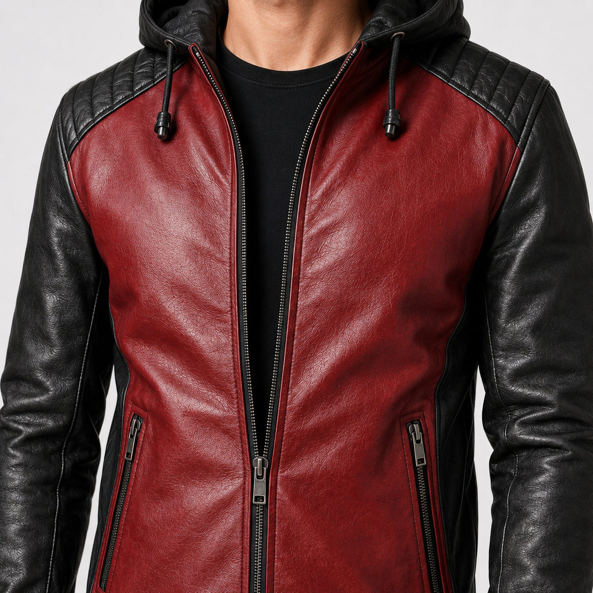 mens red leather hooded jacket MLJ 6022 2XS