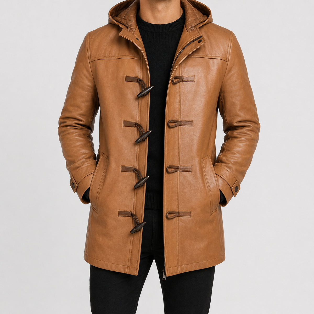 mens tan leather duffle coat