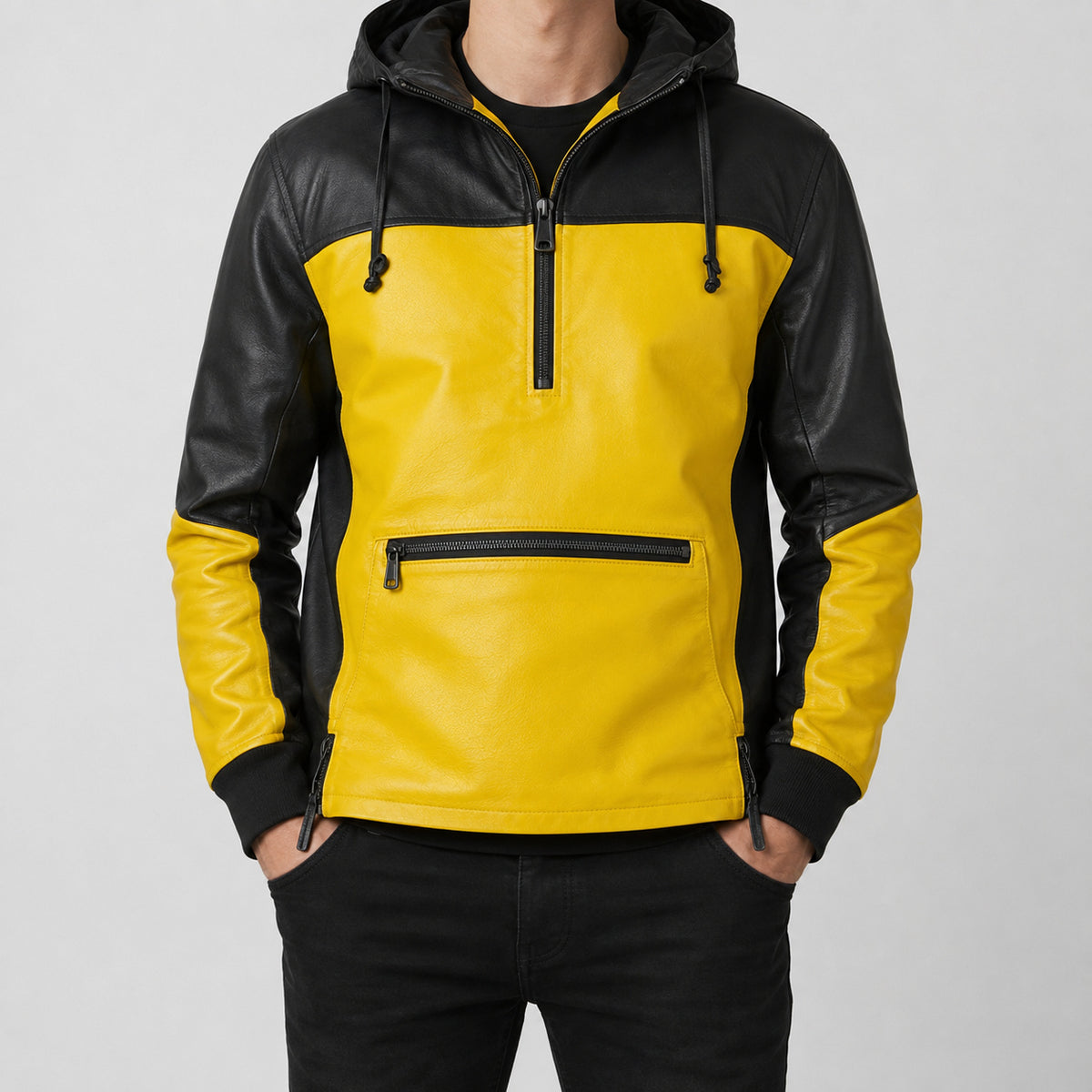 mens yellow leather pullover jacket