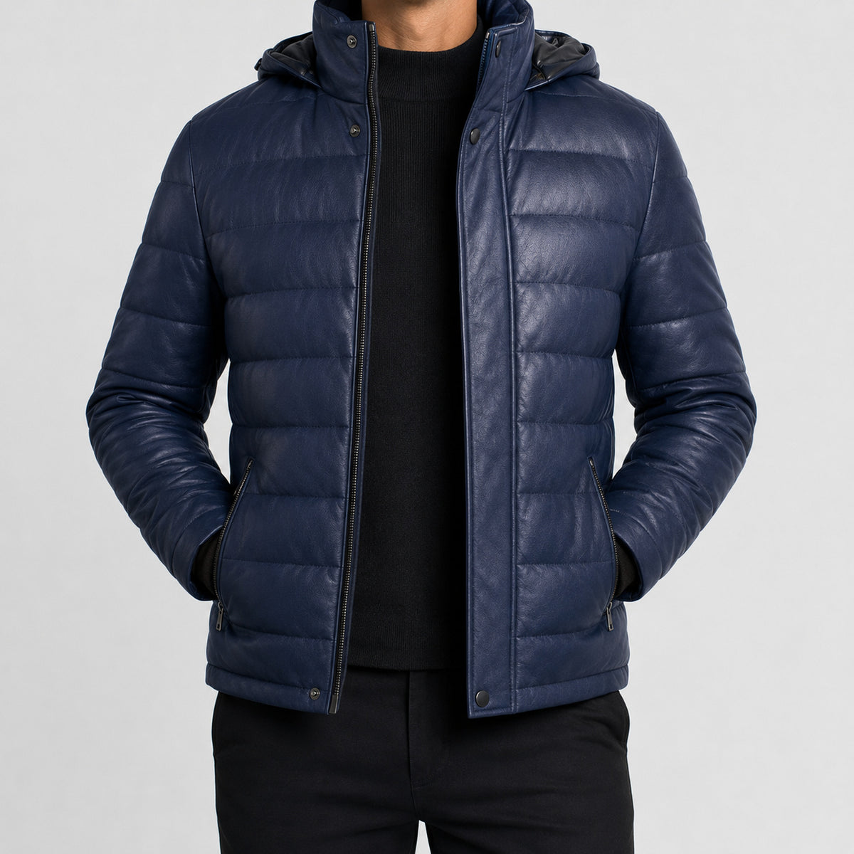 mens navy blue leather puffer jacket