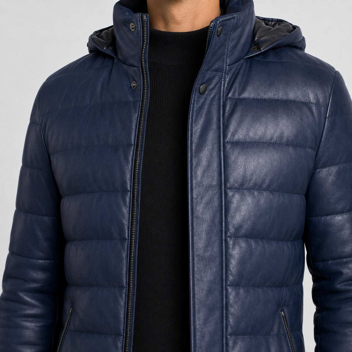 mens navy blue leather puffer jacket MLJ 6025 2XS
