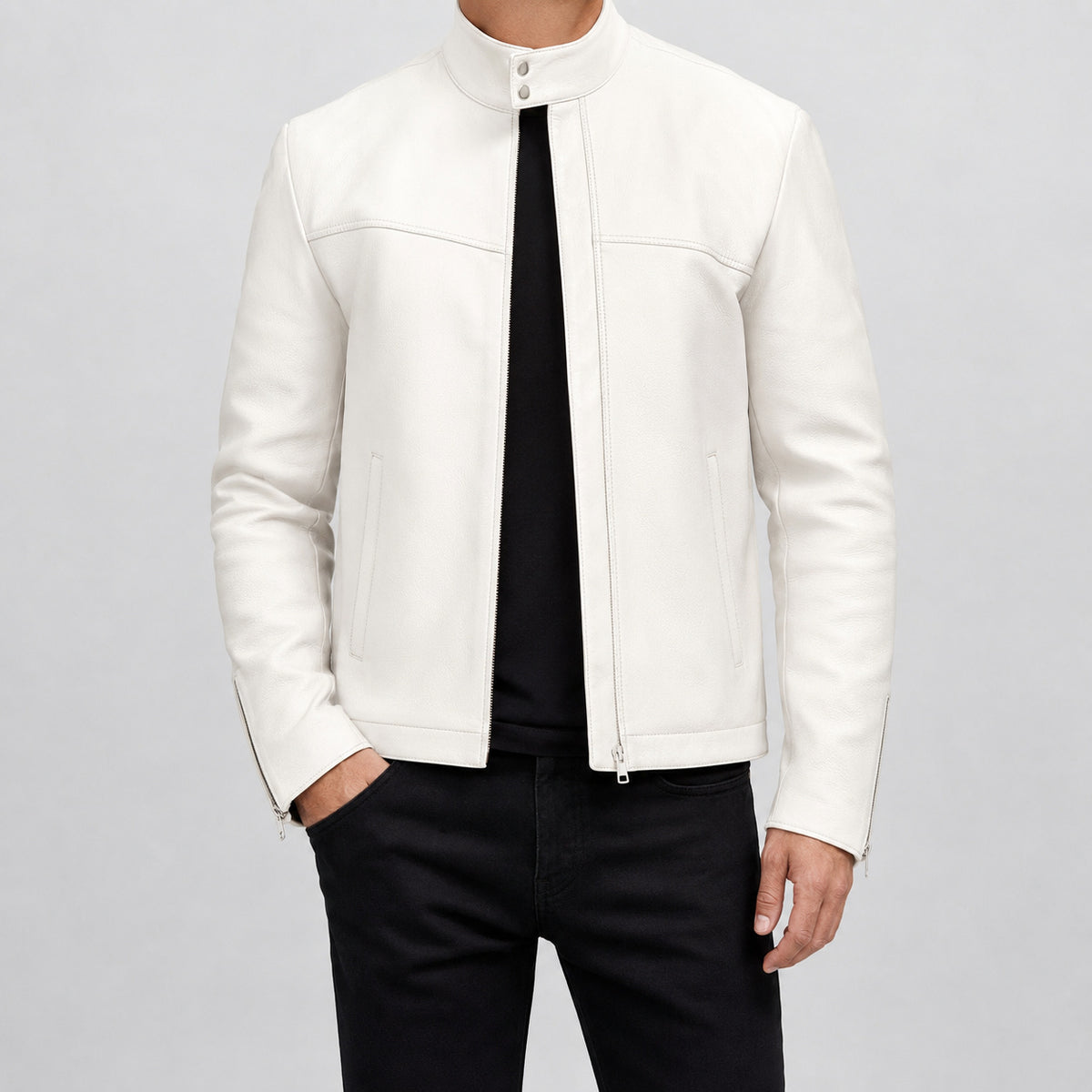 mens white leather funnel neck jacket