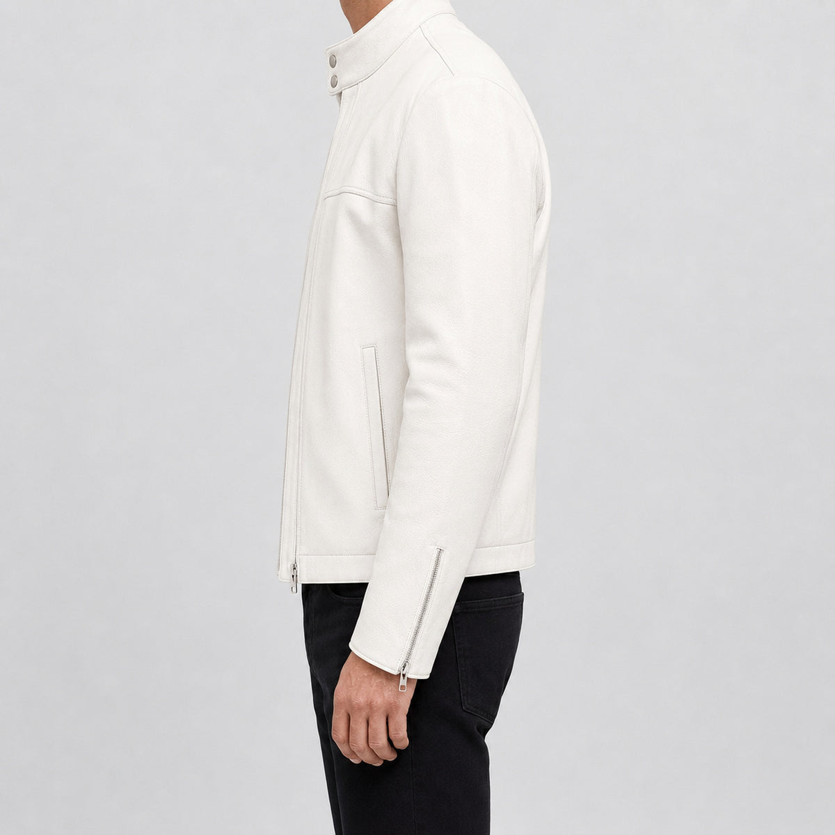 mens white leather funnel neck jacket MLJ 6026 2XS