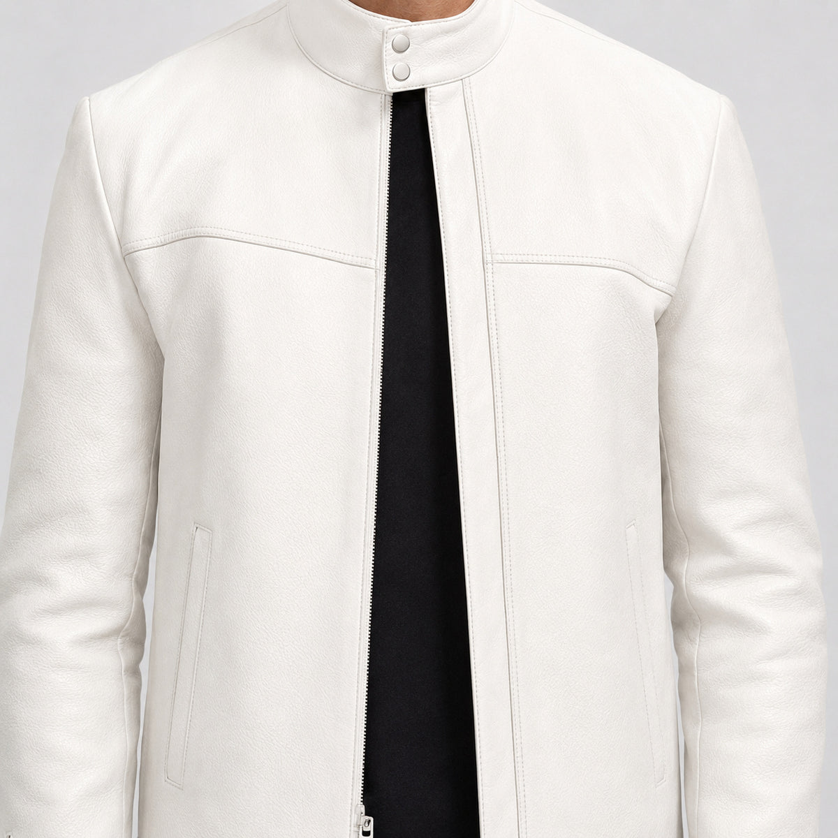 mens white leather funnel neck jacket MLJ 6026 2XS