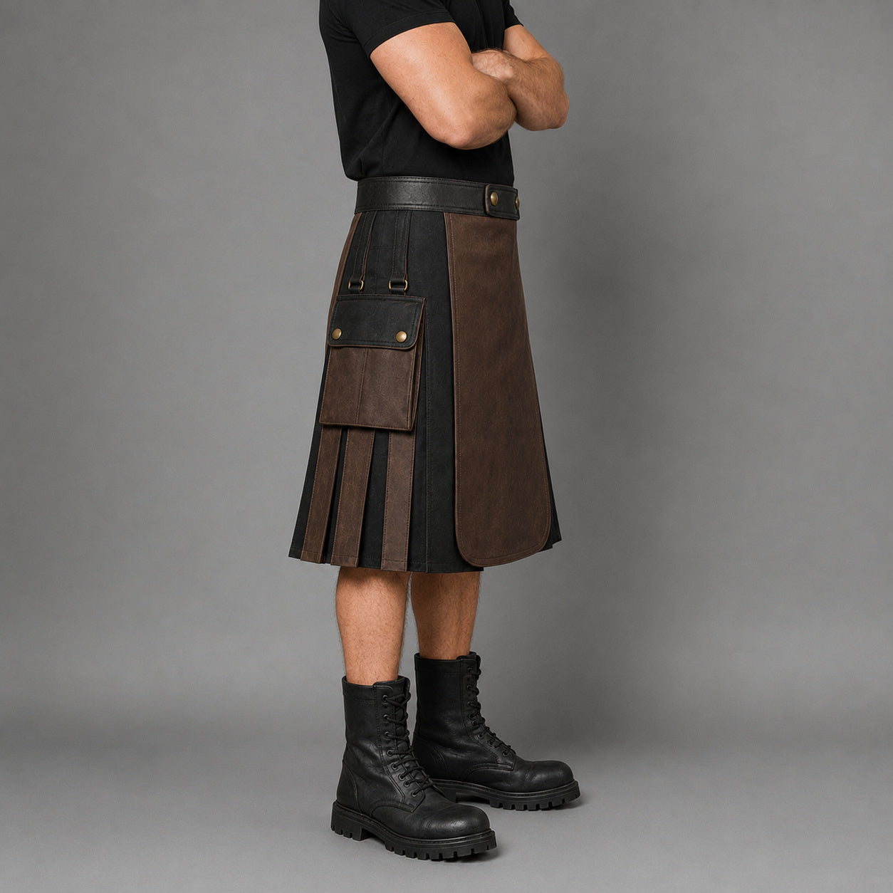 mens brown black leather utility kilt MLK 2004 28 20
