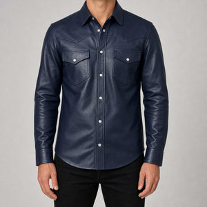 men's navy leather shirt jacket MLSH 810034 3XS