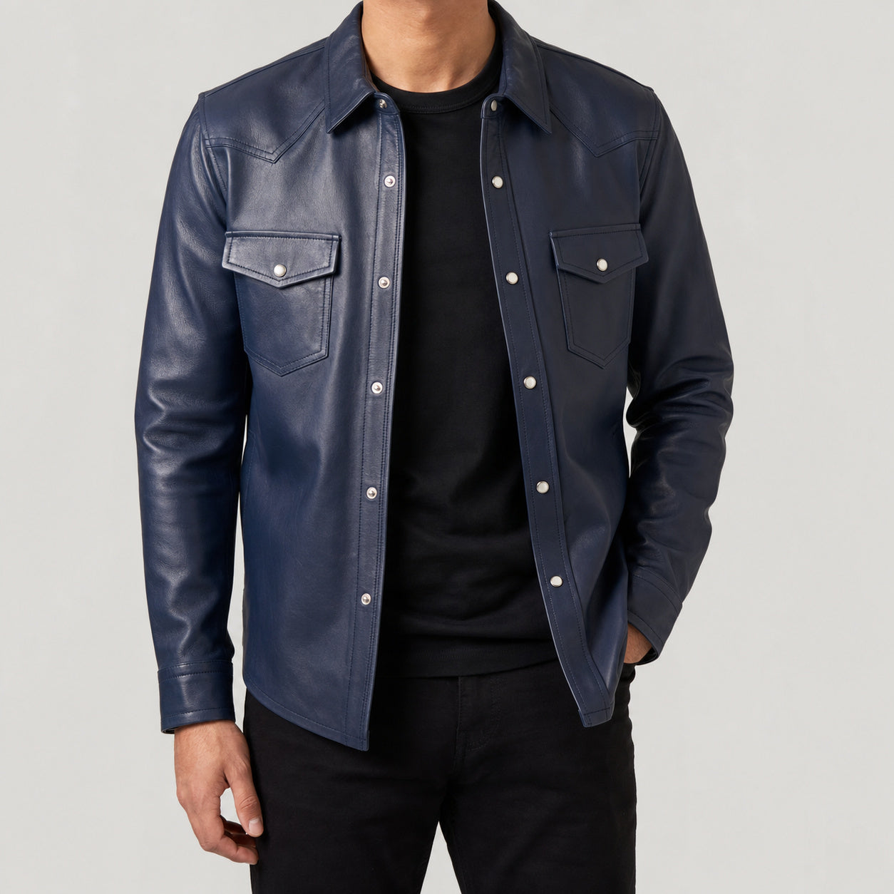 men's navy leather shirt jacket MLSH 810034 3XS