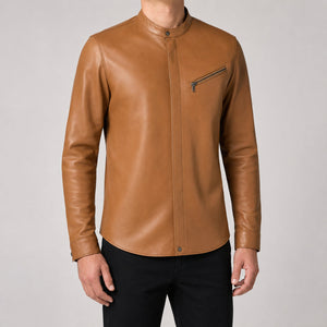 men's tan leather shirt MLSH 810035 3XS