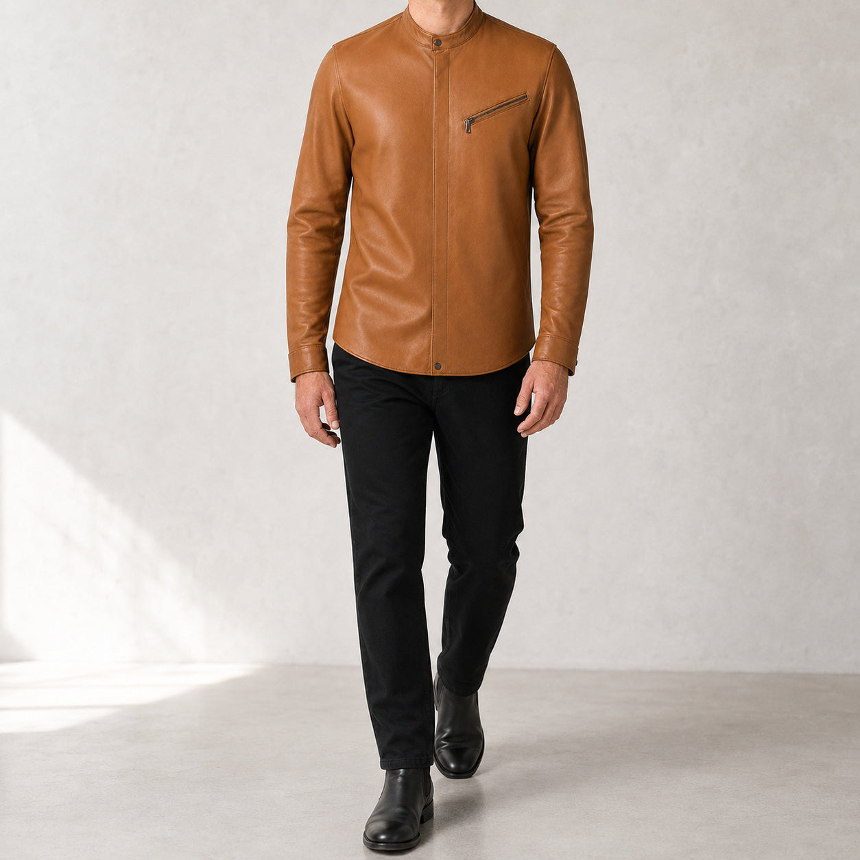 men's tan leather shirt MLSH 810035 3XS