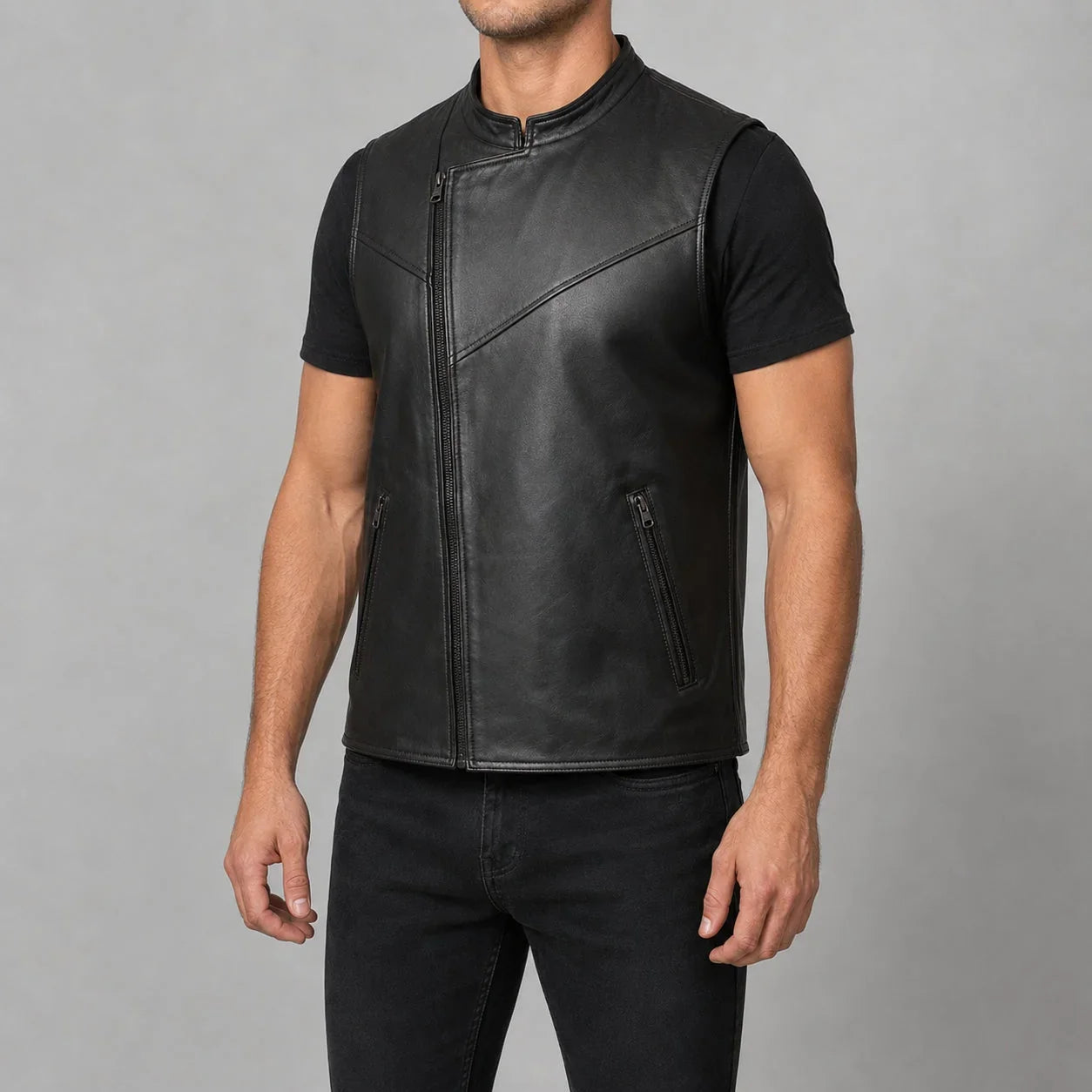 black lambskin moto vest MLV 3002 three quarter view