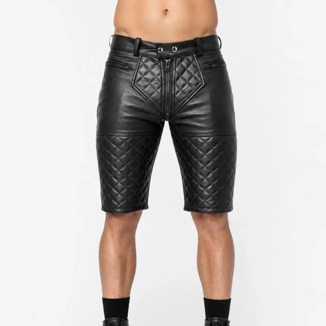 Black quilted leather shorts with front zipper and belt loops for men
