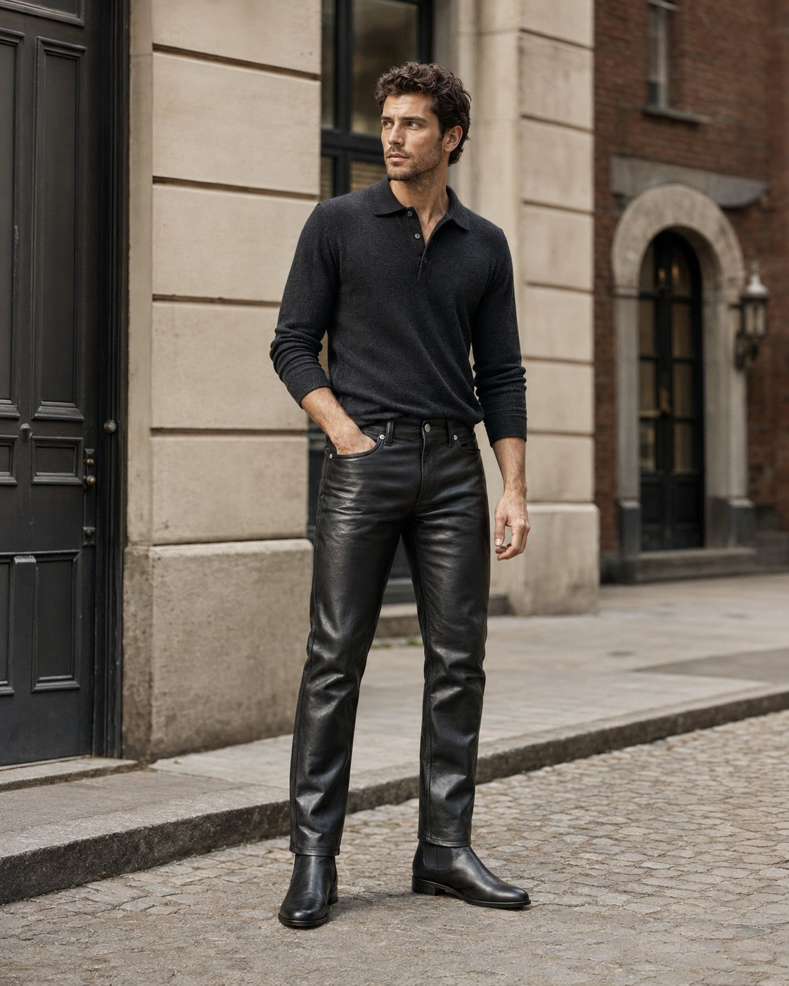 Man wearing black genuine leather pants for The Bougees
