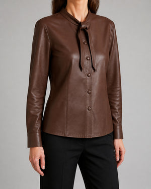 Brown Leather Tie Neck Shirt