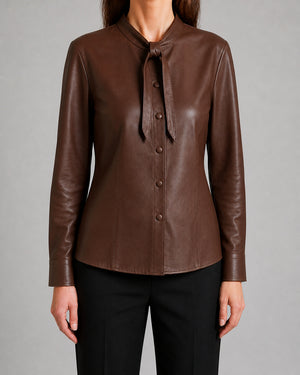 Brown Leather Tie Neck Shirt WLSH 810038 3XS