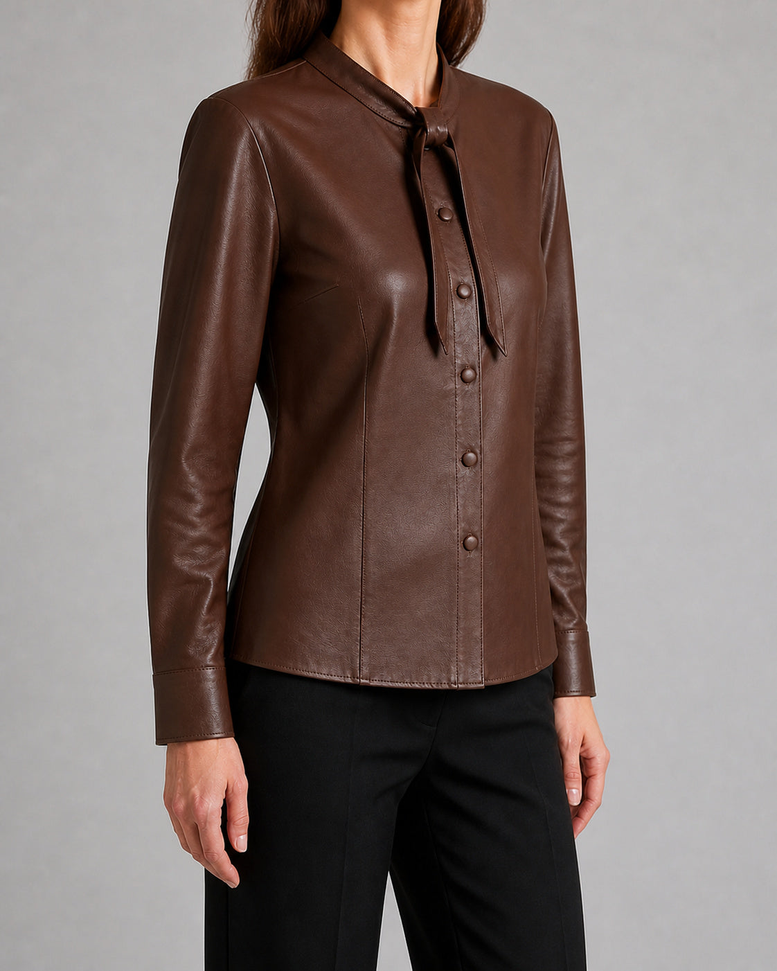 Brown Leather Tie Neck Shirt WLSH 810038 3XS