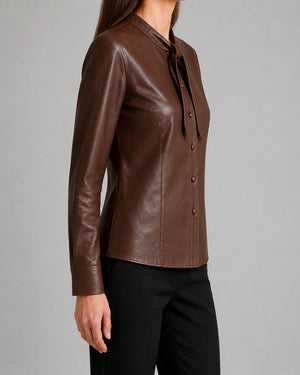 Brown Leather Tie Neck Shirt WLSH 810038 3XS