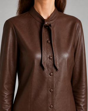 Brown Leather Tie Neck Shirt WLSH 810038 3XS