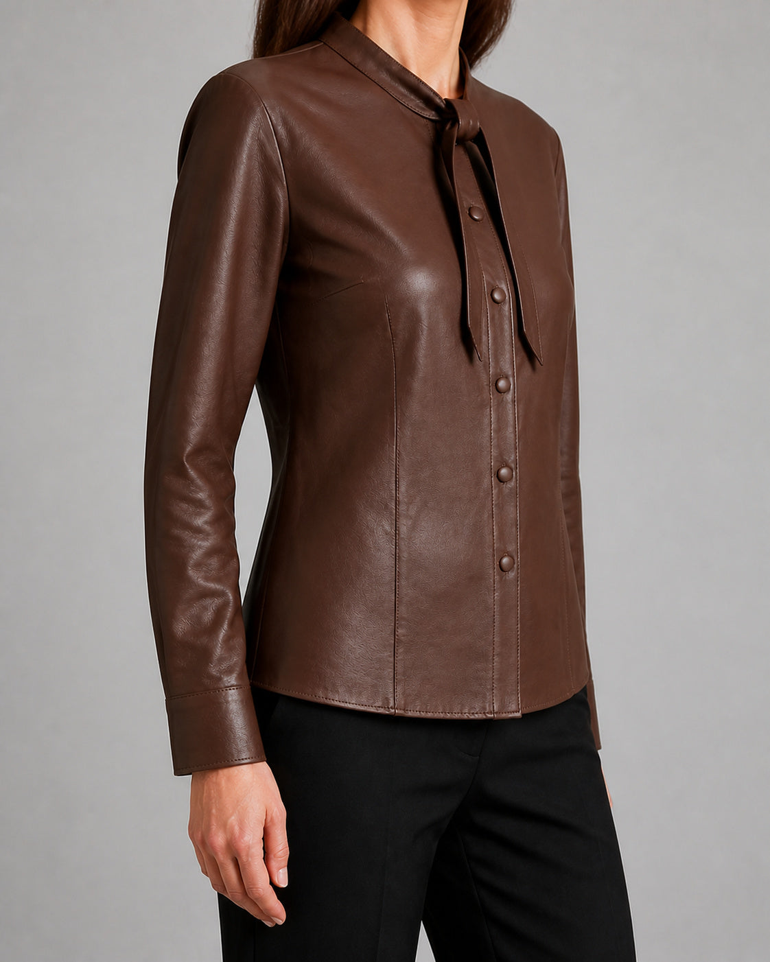 Brown Leather Tie Neck Shirt WLSH 810038 3XS