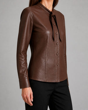 Brown Leather Tie Neck Shirt WLSH 810038 3XS